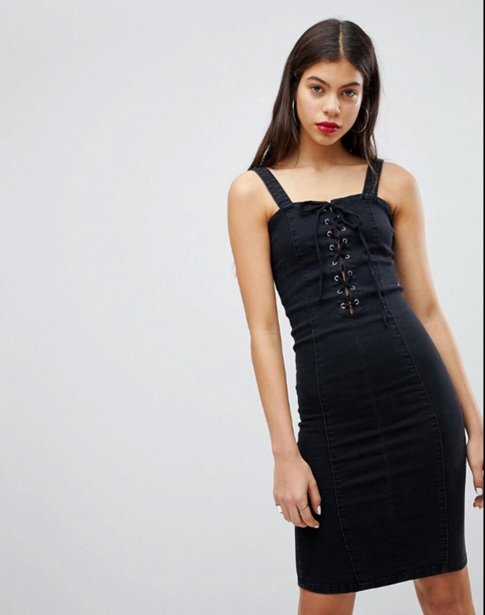 Liquor N Poker Denim Dress with Lace Up Eyelet Detail US Large